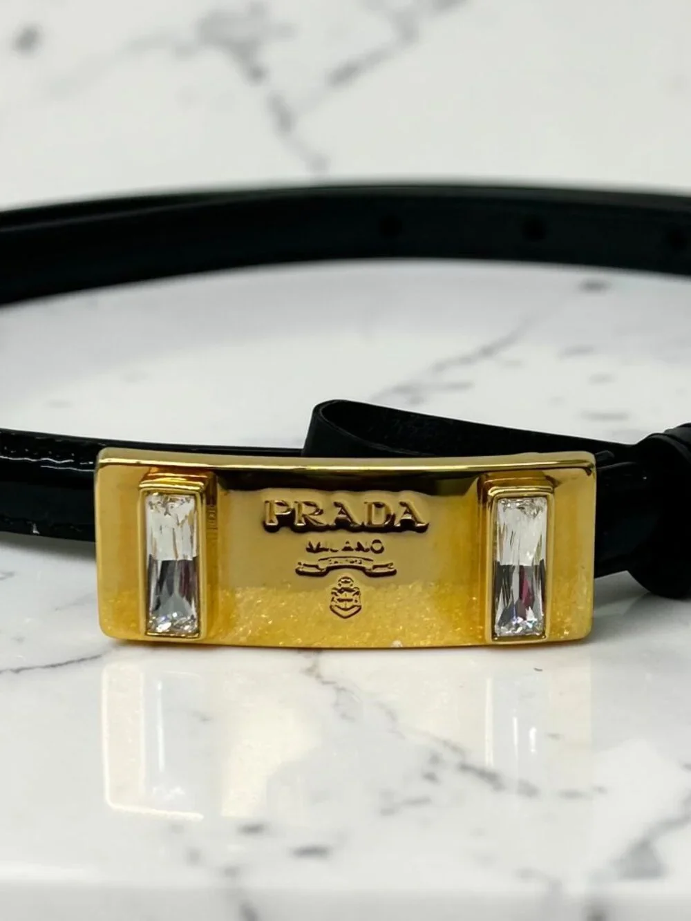 Prada Black Patent Leather Belt with Crystal-Embellished Gold Buckle